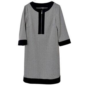Alex Marie 1/4 Zip Herringbone Quarter Sleeve Shift Career Dress Black White 8